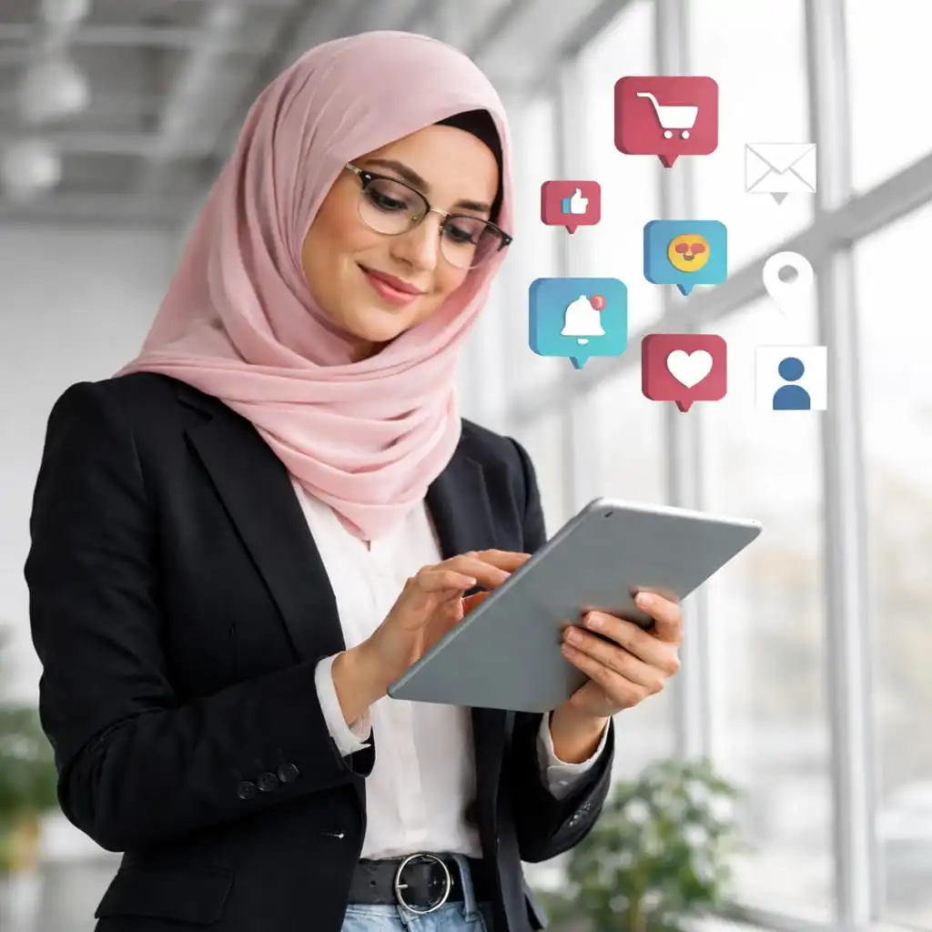 Woman using smartphone for social media marketing services in Malappuram
